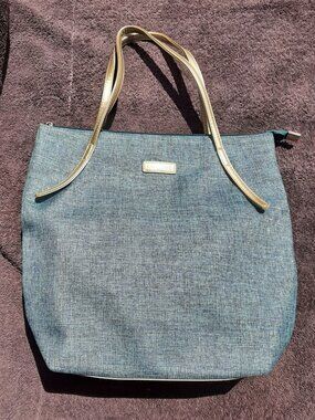 LANCOME  Turquoise/Gold Shoulder Tote Bag LARGE 19"X 16” Adjustable/Lined Logo
